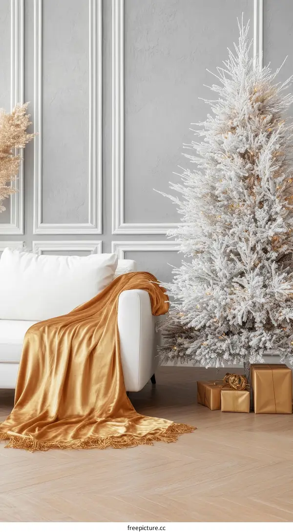 Cozy Christmas Interior with Gold Throw