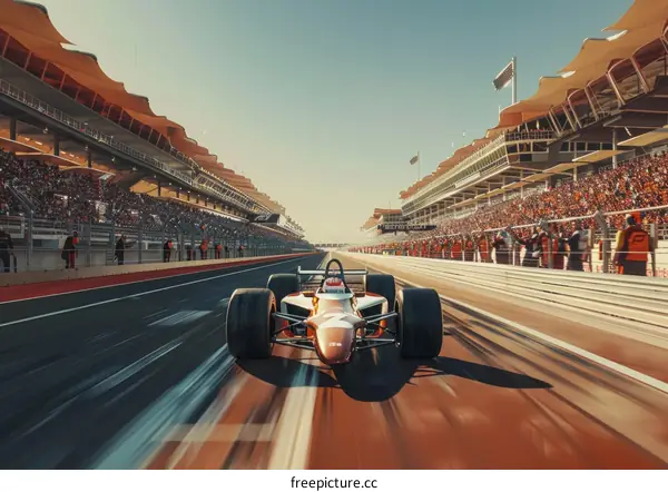 Formula One race car on a track with grandstands full of spectators