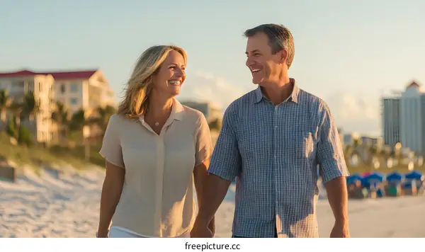 Couple Walking on the Beach at Sunset
