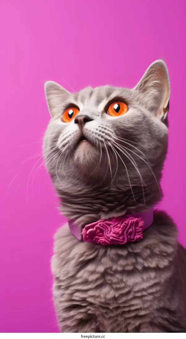 A gray cat with orange eyes is wearing a pink collar and looking up at something