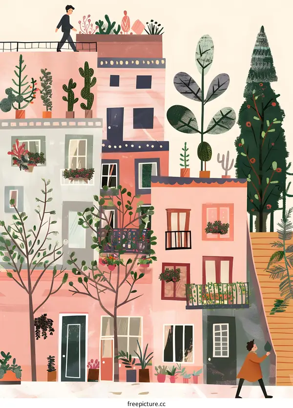 Illustrated Cityscape with People and Plants
