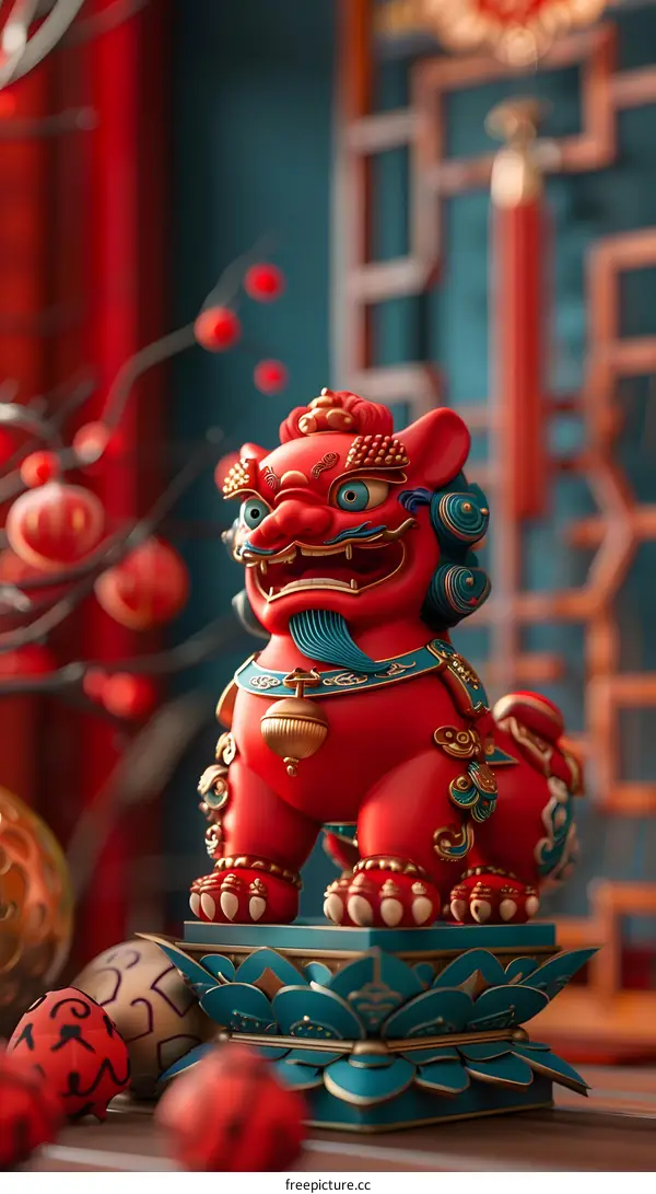 A red lion statue with blue and gold accents sits on a pedestal with a lotus flower base. The background is red with a Chinese-style lattice pattern.