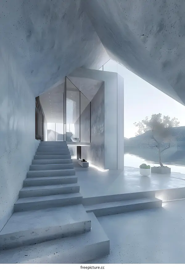 Modern Concrete House with Glass Windows and Stairs