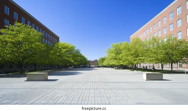 Campus Courtyard with Lush Trees and Buildings