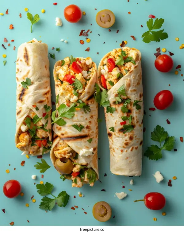 Three Mediterranean wraps with vegetables and cheese