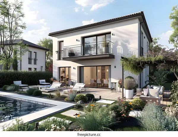 A modern house with a swimming pool and a garden