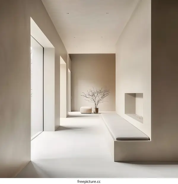 Minimalist Interior Design with White Walls and Bench