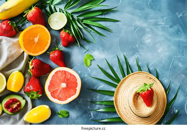 Summer Fruits Background with Straw Hat and Palm Leaves