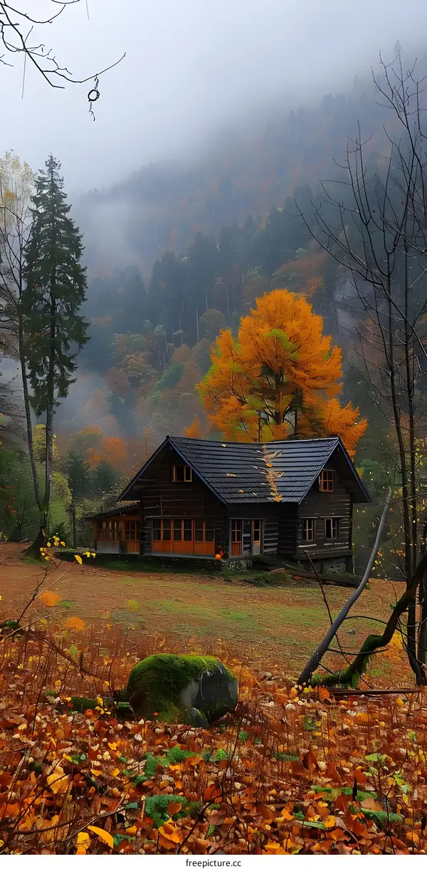 Autumnal Foggy Forest Cabin with Golden Tree