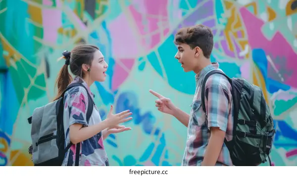 A young woman and a young man are arguing in front of a colorful wall