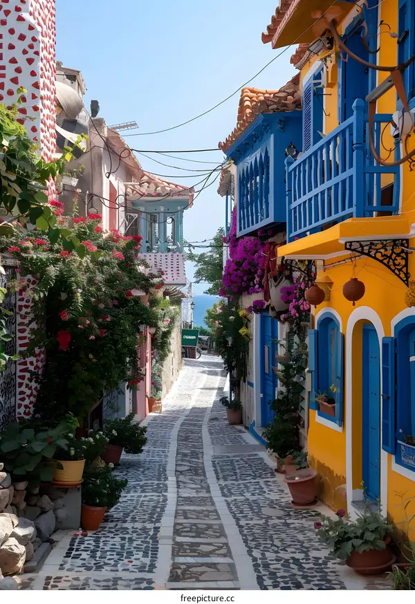 Colorful Street in a Picturesque Greek Island Town