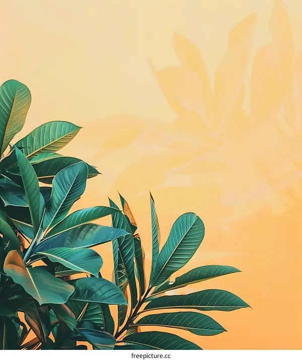 Green Leaves on Yellow Background Minimalist Summer Nature Photography