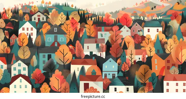 Fall Village Landscape with Colorful Houses