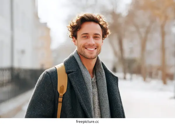 Smiling Man in Winter Cityscape