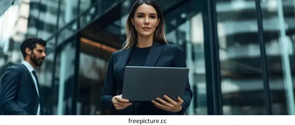 Confident Businesswoman with Laptop in Modern City