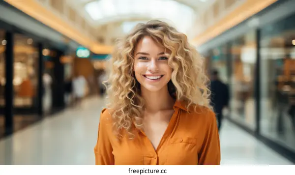 Portrait of a beautiful young woman with curly blond hair smiling in a shopping mall
