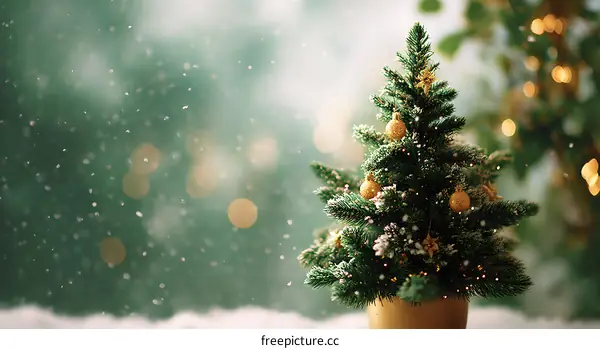 Christmas Tree Decorated with Gold Ornaments in Winter Scene