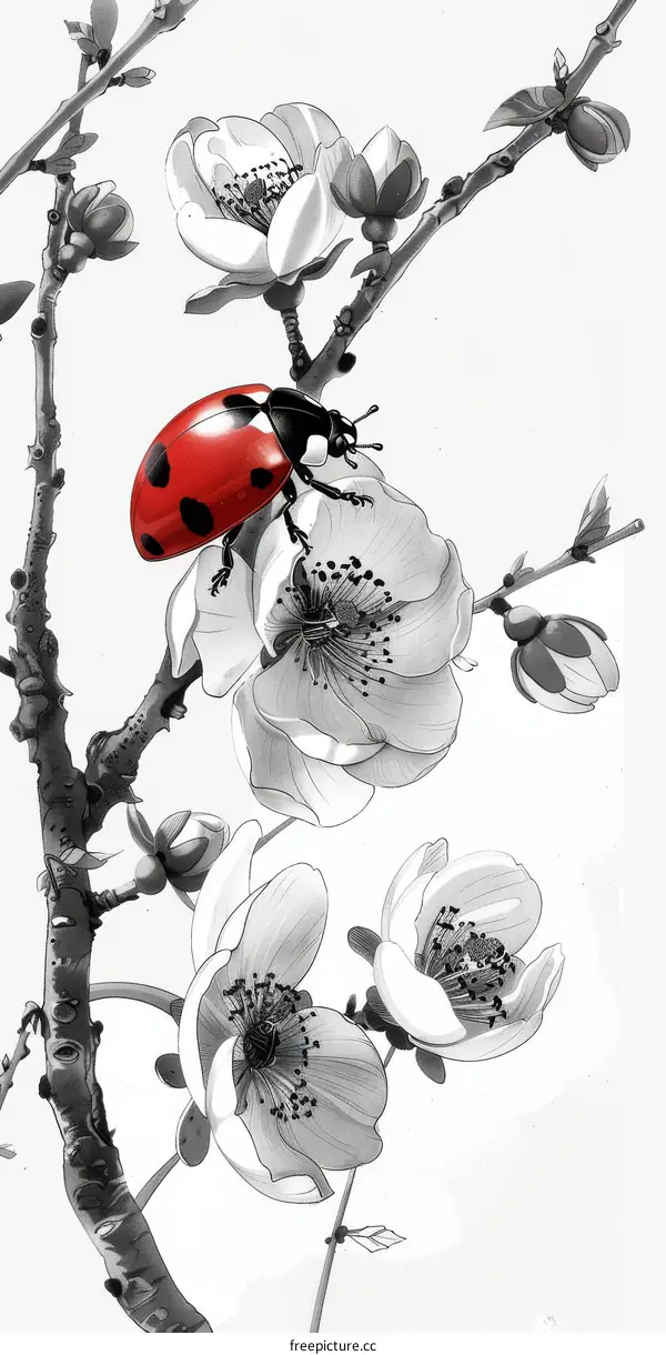 Black and White Flower with Ladybug Illustration