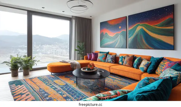 Modern Living Room with Mountain View and Art
