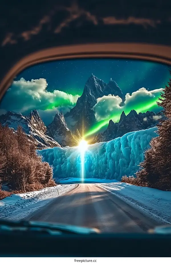 Snowy Mountain Road with Northern Lights