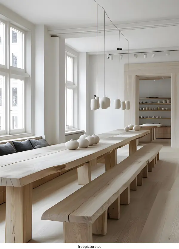 Minimalist Interior Design With Wooden Table And Bench