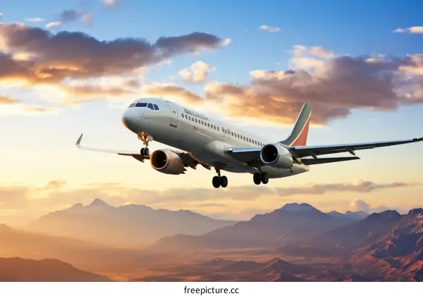 airplane flying over mountains at sunset