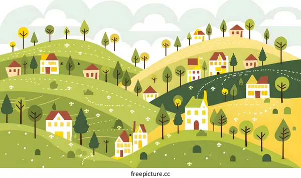 Cartoon Illustration of a Green Hilltop Village