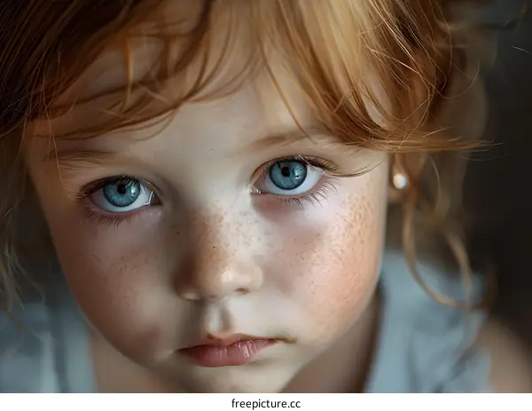 Portrait of a young girl with freckles and blue eyes