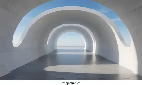 Modern Architecture Corridor with Curved Arches Leading to Seaview