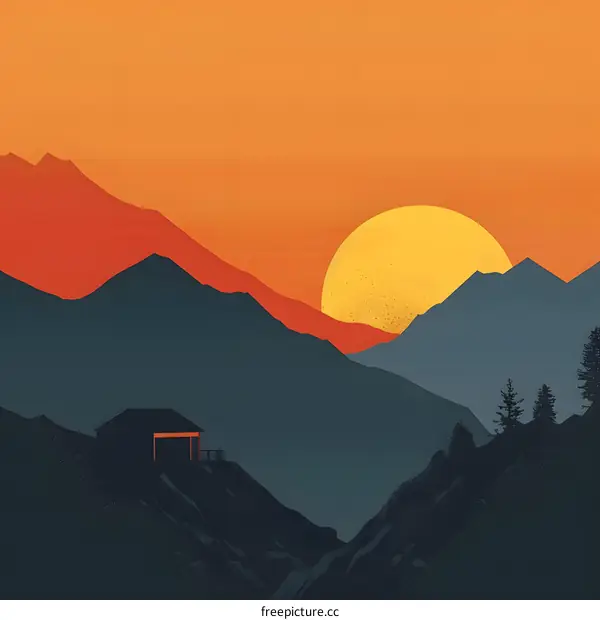 Mountain Sunset with Cabin and Big Yellow Sun