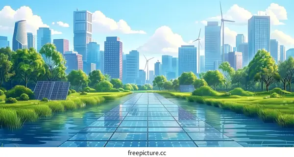 Green City with Solar Panels and Wind Turbines