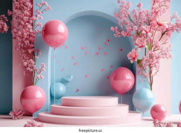 Pastel Pink and Blue Floral Scene with Balloons