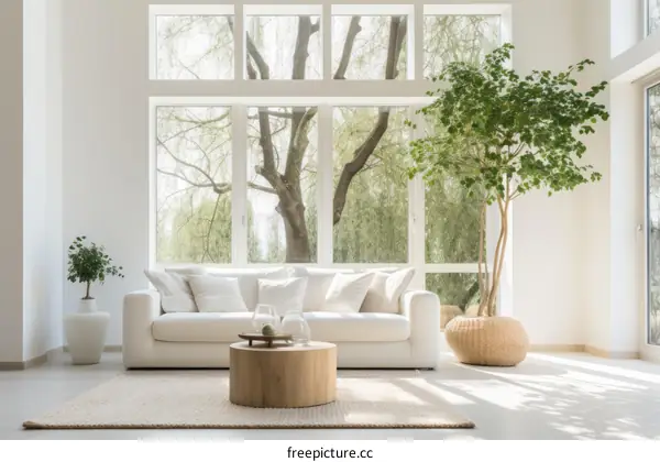 Bright airy living room with big tree plant