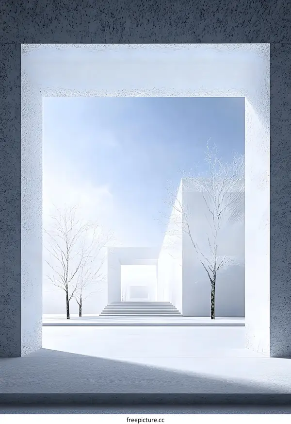 Minimalist White Architecture with Steps and Snow Covered Trees