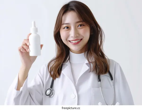 Asian female doctor holding a bottle of medicine