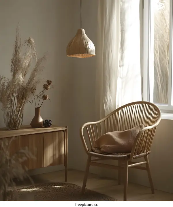 Minimalist Living Room with Wooden Chair and Hanging Lamp