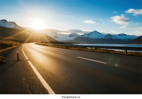 Sunlit highway with snow-capped mountains in the distance