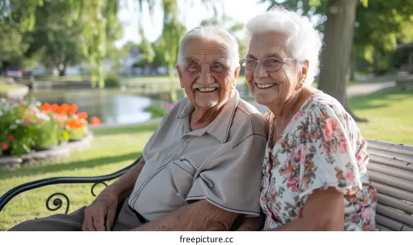 Happy elderly couple sitting on a bench in the park