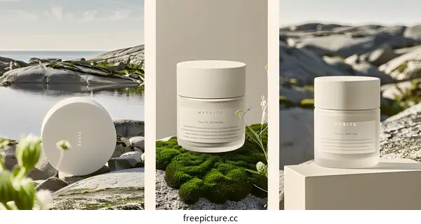 Minimalist Skincare Product Photography with Sea and Rocks Background