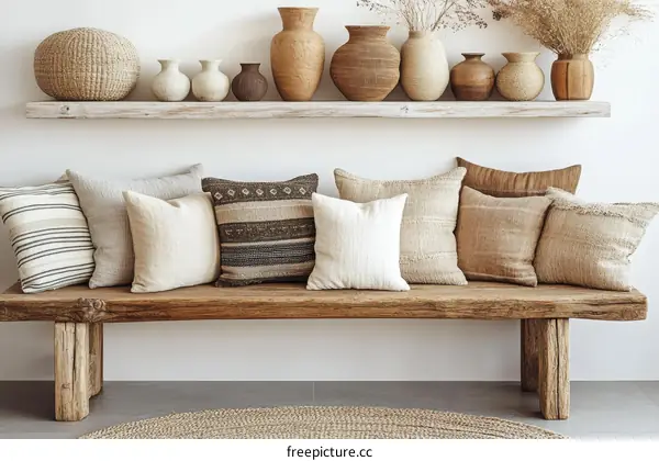 Rustic Wooden Bench with Throw Pillows