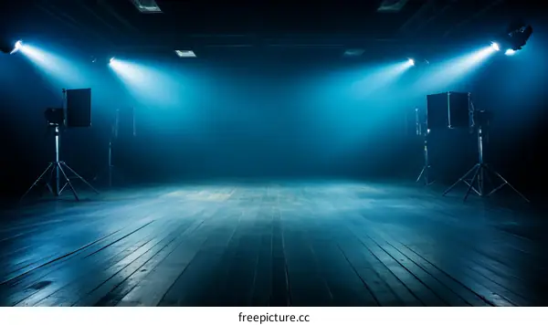 Blue empty photo studio background with spotlights