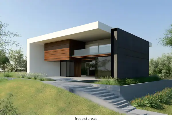 Modern House with Wooden Paneling and Large Windows