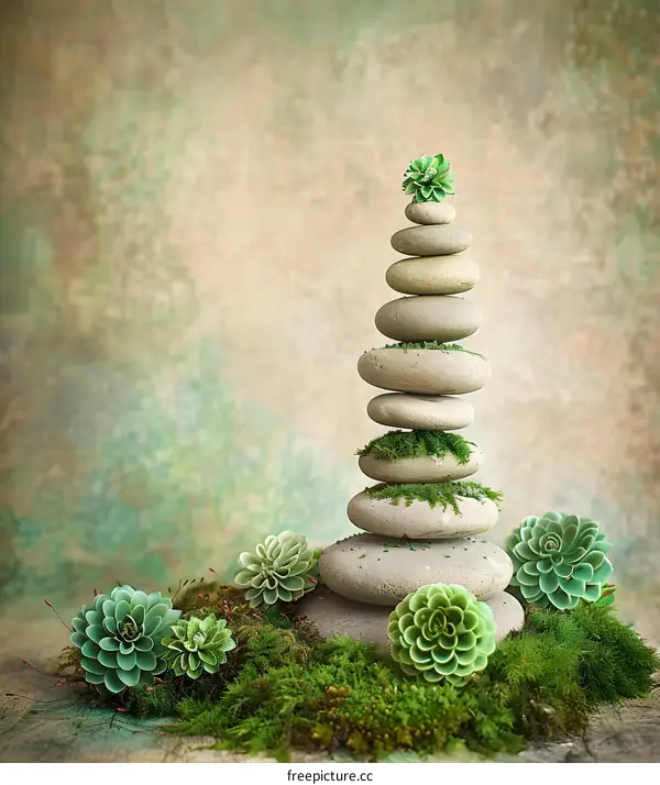 Stacked Stones with Succulents on Mossy Ground