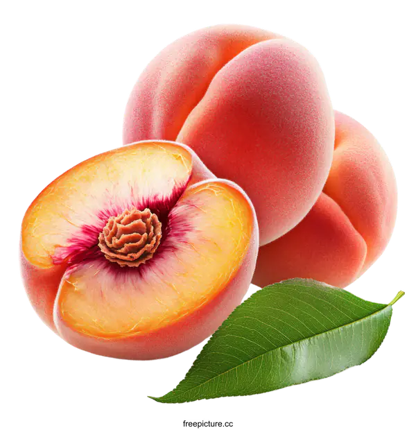 [Transparent Background PNG]Fresh Peach Fruits with Leaf Close Up