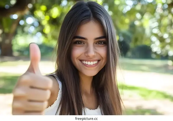 Smiling Woman Giving Thumbs Up in a Green Park