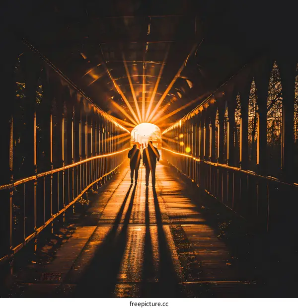 Silhouettes of Two People Walking Toward a Sunset on a Bridge