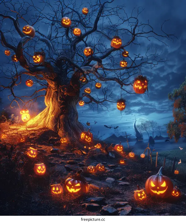 Halloween Pumpkin Tree with a Ghostly Moon