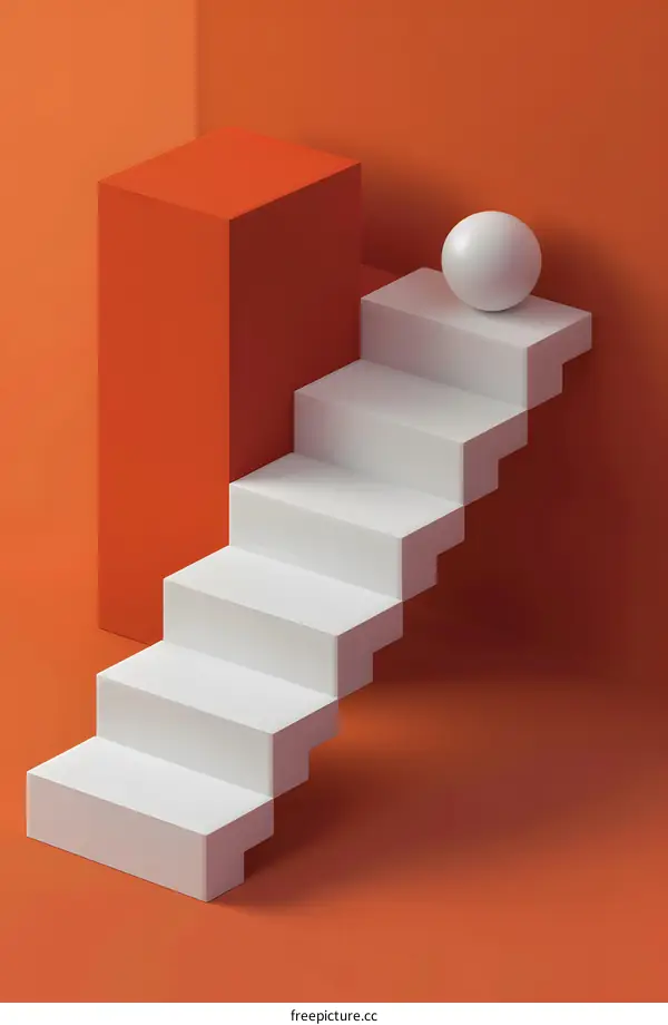 White Stairs Leading Up to a Sphere on an Orange Background