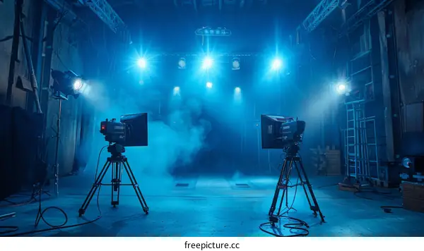 Two professional video cameras on tripods in a blue-lit studio