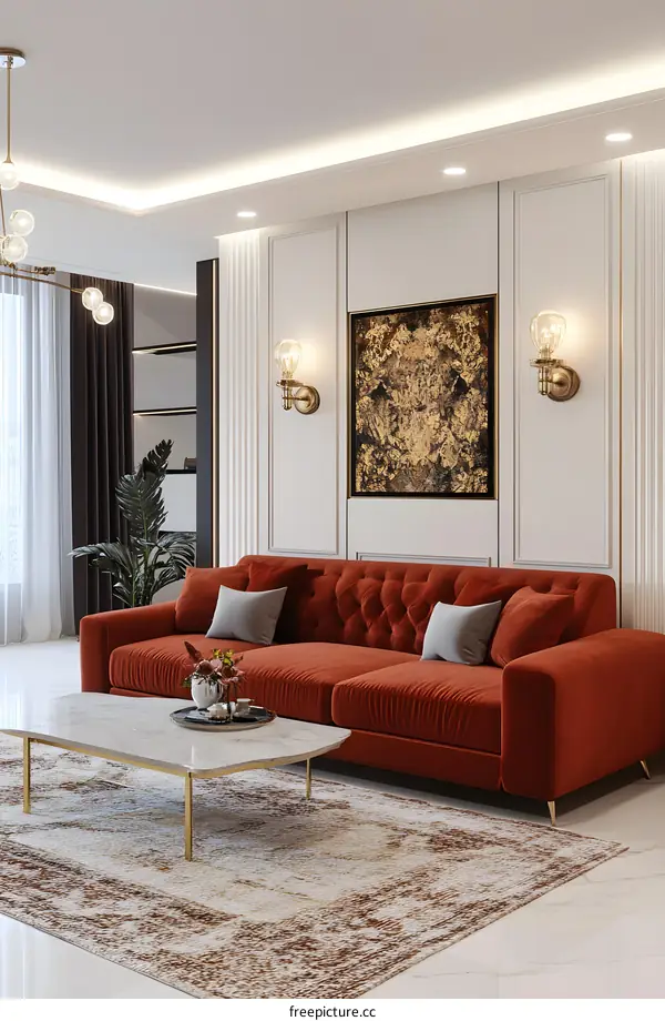 Modern Living Room Interior Design with Red Velvet Sofa